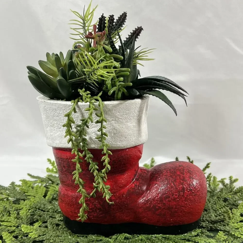 Vintage Ceramic Red Santa Boot Planter w/ Faux Plastic Succulents Plants